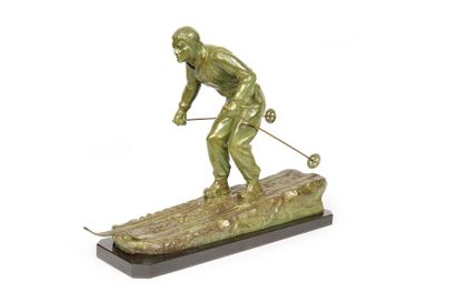 null Sculpture in regulation on marble base. "The Skier."
Circa 1930. Signed Henry...