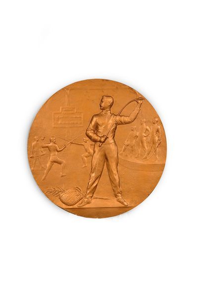 null Large bronze medallion. "The Fencing Lesson."
Circa1900. Monogram MB. Golden...