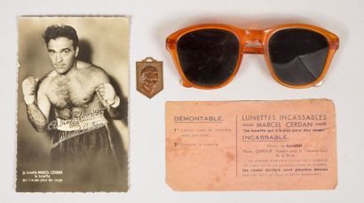 null Advertising set for the unbreakable "Marcel Cerdan" glasses, postcard, glasses...