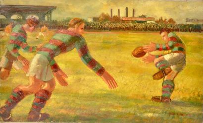 André Tréves (1904-1973). 
Huile sur toile représentant un match de rugby au Stade...