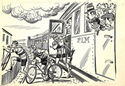 PELLOS (1900-1998) Ensemble de 5 dessins originaux à l'encre sur Parix-Roubaix avec...