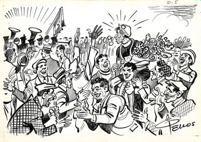 PELLOS (1900-1998) Ensemble de 5 dessins originaux à l'encre sur Parix-Roubaix avec...