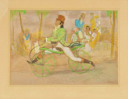 Milivoy Uzelac (1897-1977). "Galant riding a draisian." Lead pencil drawing enhanced...