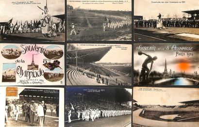 null Set of 22 souvenir postcards from the Games, parades, taking the Olympic oath...