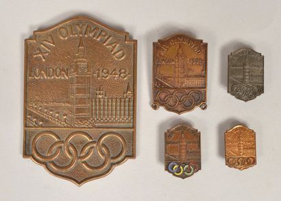null Set of 5 badges and commemorative plaques from the XIV Summer Olympiad. Bronze....