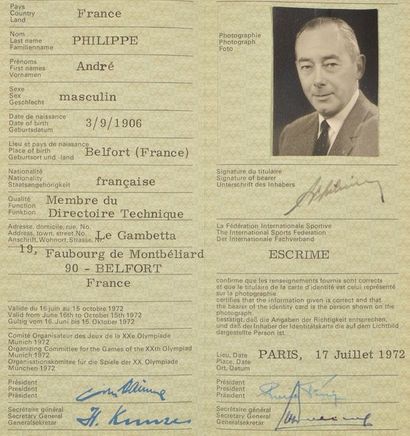 null Olympic identity card of André Philippe, member of the Technical Board of the...