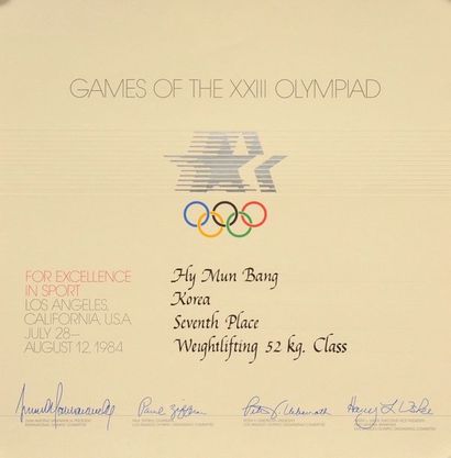 null 7th place diploma awarded to the Korean Hy Mun Bang in the weightlifting tests...