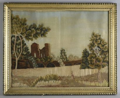 null Ruine au bord de la rivière, tableau brodé, milieu du XIXe siècle, gros de Tours...