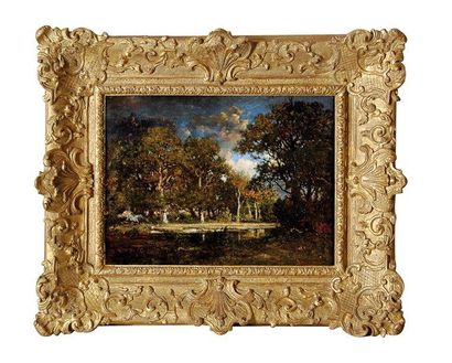 Theodore Rousseau (1812-1867) Etang en forêt Huile sur panneau parqueté. 34 x 45...