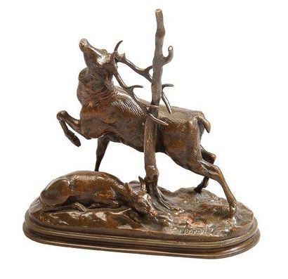 D'après Antoine Louis BARYE (1795-1875) Cerf et biche Bronze à patine brune Fonte...