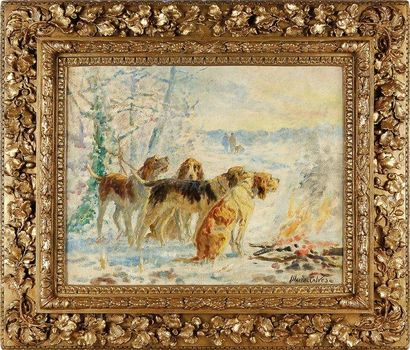 Marie CALVES (1883 - 1957) Relais de chiens prés du feu. Huile sur toile. S.B.D 50...