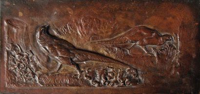 CAIN Couple de faisans Plaque en bronze à patine brune. 11,2 x 23,5 cm
