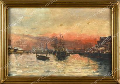 École ÉTRANGÈRE du XIXe siècle Bateaux rentrant au port au coucher de soleil.
Huile...