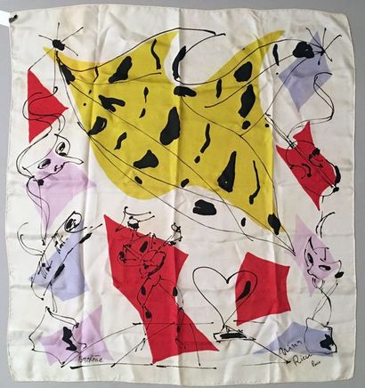 null Nina Ricci – (années 1950) Rare carré en soie roulottée polychrome illustré...