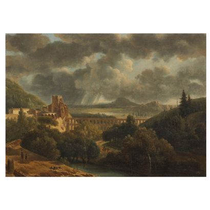  Jean Victor Bertin 
(Parigi, 1767 – 1842)
LANDSCAPE WITH ROMAN AQUEDUCT
oil on paper... Gazette Drouot