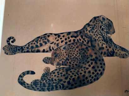 null Georges GUYOT, Etude de léopards, Aquarelle, Signé en bas à droite, XXe, 34...