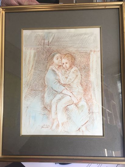  Philippe Moretti, la mère et l'enfant, sanguine, technique mixte. 30 x 45cm 