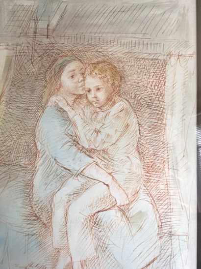null 
Philippe Moretti, la mère et l'enfant, sanguine, technique mixte. 30 x 45c...