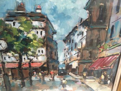 null 
Ecole de Paris, La place du Tertre à Montmartre, gouache sous verre. Signé...