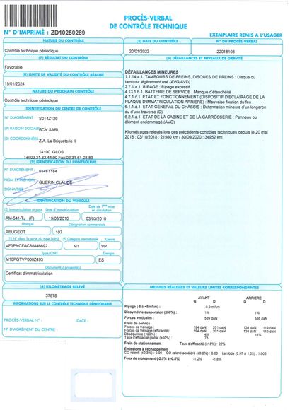 null PEUGEOT, 107, immatriculation : AM-541-TJ, 37878KM, 1ere mise en circulation...