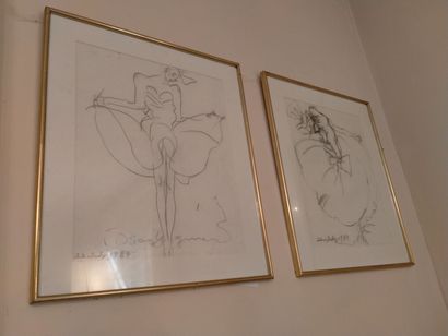 null Paire de deux dessins encadrés représentant deux danseuses ou deux modèles,...