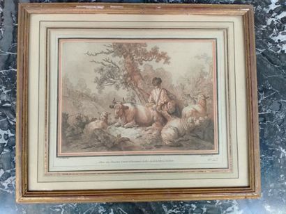 null Engraving in the 18th century taste, "pastoral scene" gilded frame as is. 18...