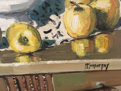 null MARGUERAY, "Still life with pears and apples" oil on canvas, signed lower right...