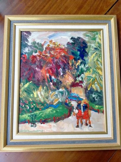 null Fernand LARUE, Gardens of the Champs Elysée, oil on panel, signed lower left...