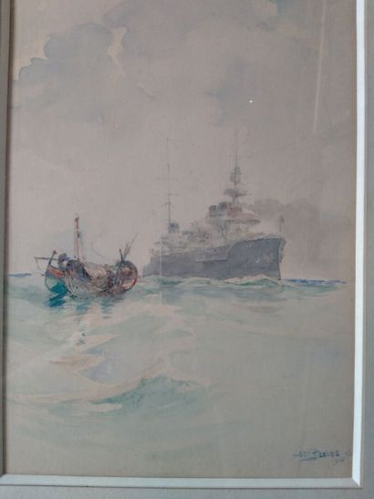 null Navy "view on a military ship and a fishing vessel", watercolor on paper, signed...