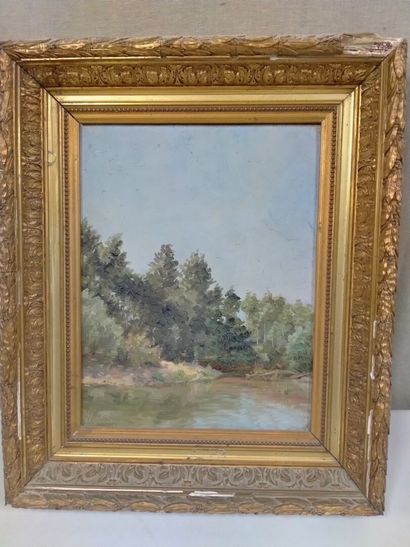 null French School XIXth, "Landscape, the river bank" oil on canvas 33 x 25cm