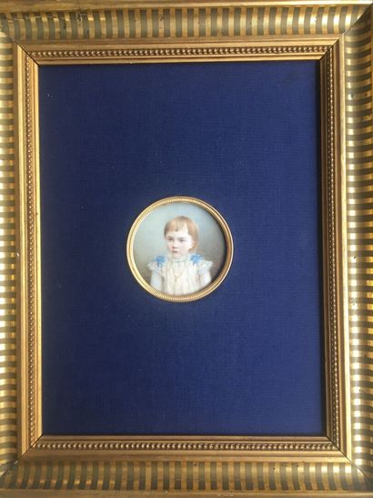 null Miniature portrait of a little child, on a royal blue background, pastel. 19th...