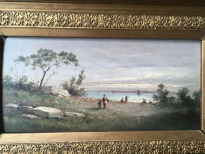 null LAMOY "Vue sur mer animée" HSP, SBD, 18x36cm dans un cadre doré (petits manques...