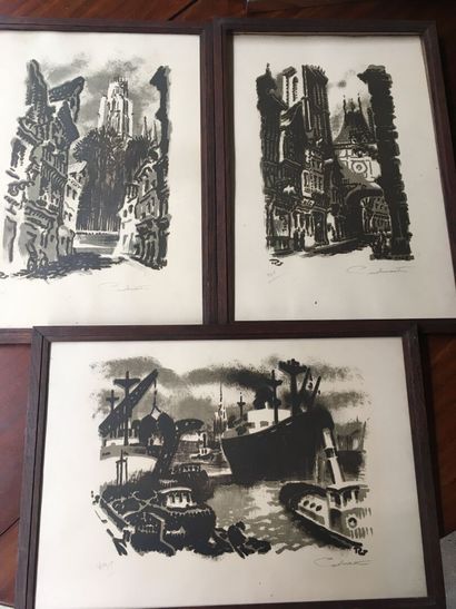 null Set of three engravings "View of Rouen" SBD, 32 x 47cm