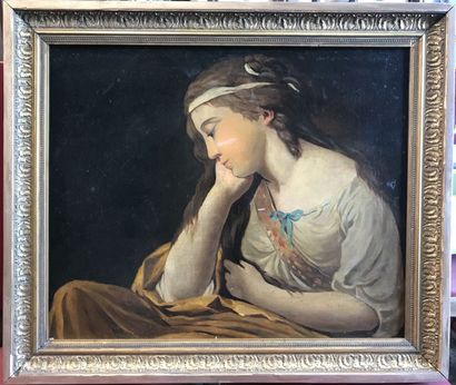 null École française XIXe, "Une femme dans ses pensées" huile sur toile. 50 x 61...