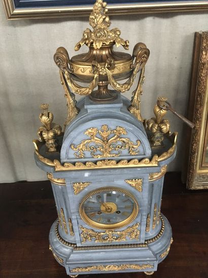 null Large Louis XVI style mantelpiece in grey marble and chased gilt bronze, with...