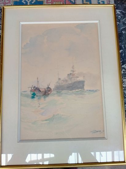 null Navy "view on a military ship and a fishing vessel", watercolor on paper, signed...
