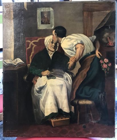 null École française XIXe, "Le bonsoir à la petite mère " huile sur toile datée 1804...