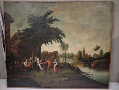 null École du Nord XVIIe, "la fête villageoise", huile sur toile, 80 x 98cm