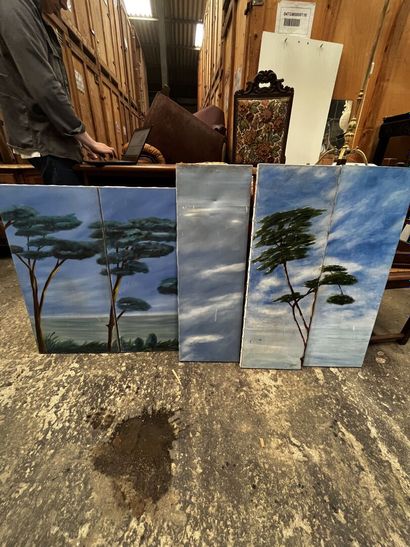 null Ensemble de cinq panneaux représentant des pins parasols méditerranéens. huile...