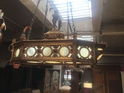 null Ceiling lamp with neo-renaissance decoration. Gilded wood and glass. Dim: h127...