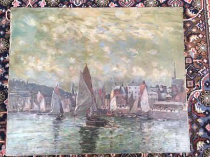 null "The port of Dieppe" or "the entrance to the port" oil on canvas Signed lower...