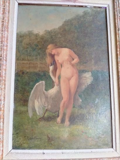 null Tony Robert FLEURY," the bather and the swan" oil on canvas Signed lower left,...