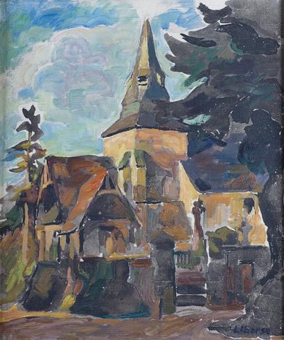 null LIBERGE, «L’église de Rocques», HST, SBG, 47x55cm