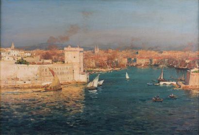 null Jean Baptiste OLIVE (1848-1936) «Le Port de Marseille», HST, SBD, 48,5x70cm