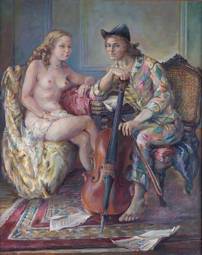 null Xianne SCIOT (1926 -), «La femme et l’arlequin», HST, SBD, 92 x 73 cm