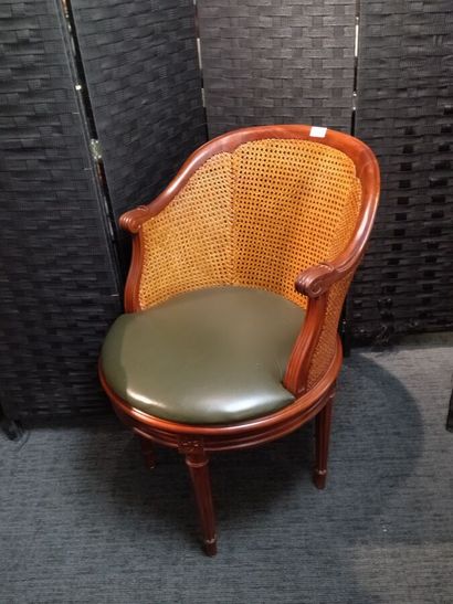  Mahogany desk armchair, swivel seat, cane back, green leather seat. Louis XVI style... Gazette Drouot