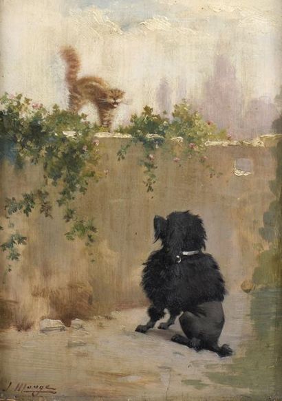 null Jules MONGE (Marseille 1855 - Paris 1934)
Le chat sauvage et le chien domestiqué
Panneau.
Signé...