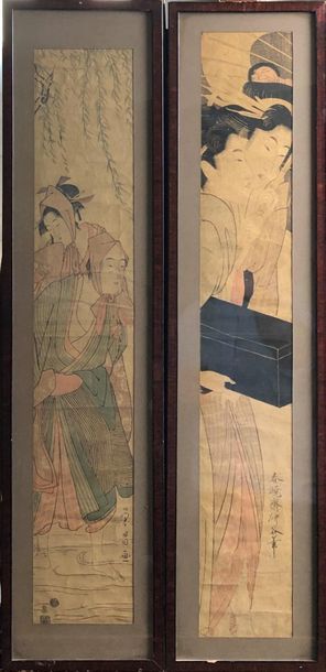 null JAPON, XIXE SIECLE.
Deux estampes sur papier, signées.
A vue, 60,5 x 11 cm et...