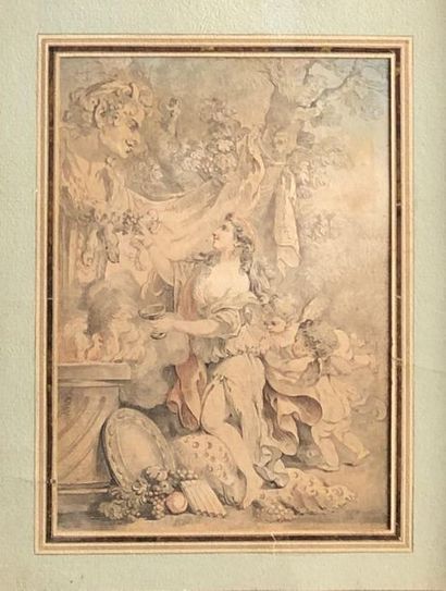 null TROIS GRAVURES EN COULEURS.
- Offrandes à Bacchus (à vue, 18,5 x 13,5 cm)
-...