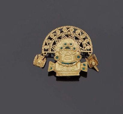 null Broche-pendentif en or jaune, 14k 585‰, et métal, reproduction d’un masque Inca,...